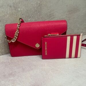 Michael Kors Small Envelope Crossbody Bag & Card Case Wallet Set Electric Pink